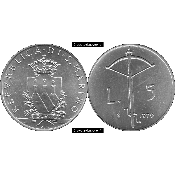 Grau bzw. s/w Bildmaterial Münzensatz / KMS 1979 aus San Marino im PNG-Format 1979-1979, 5 Lire, LIBERTAS REPVBBLICA DI S. MARINO, 1979 L.5. Vorderseite und Rückseite... Sammlung Graustufen