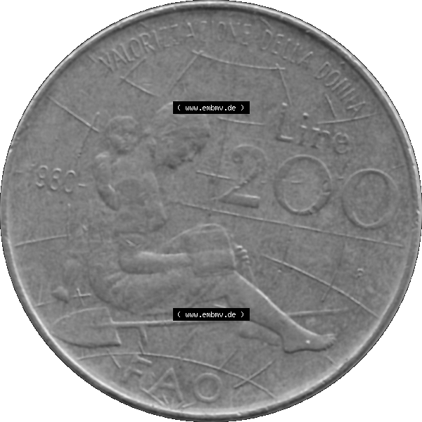 Grau bzw. s/w Bildmaterial einer Münze aus Italien / Italia als PNG-Grafik 1980-1980, 200 Lire FAO - Internationales Jahr der Frau 1980-01. Rückseite einer alten italienischen 200 Lire Gedenkmünze,... Sammlung Graustufen