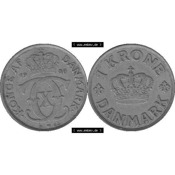 Grau bzw. s/w Alte Münze aus Dänemark als PNG-Grafik 1924-1941, 1 Krone 1940-01 Kursmünze. Vorderseite und Rückseite horizontal auf einen digitalen Bild der alten dänischen Umlaufmünze... Sammlung Graustufen