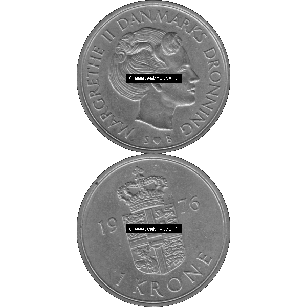 Grau bzw. s/w Alte Münze aus Dänemark als PNG-Grafik 1973-1989, 1 Krone 1976-01. Vorderseite und Rückseite vertikal auf einen digitalen Bild der alten dänischen Umlaufmünze aus... Sammlung Graustufen