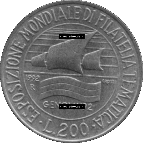 Grau bzw. s/w Bildmaterial einer Münze aus Italien / Italia als PNG-Grafik 1992-1992, 200 Lire Briefmarkenausstellung in Genua 1992-01. Rückseite einer alten italienischen 200 Lire Gedenkmünze,... Sammlung Graustufen