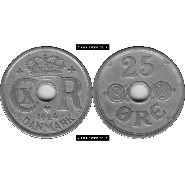 Grau bzw. s/w Alte Münze aus Dänemark als PNG-Grafik 1924-1947, 25 Öre 1924-01 Kursmünze. Vorderseite und Rückseite horizontal auf einen digitalen Bild der alten dänischen... Sammlung Graustufen