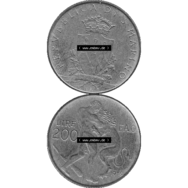 Grau bzw. s/w Bildmaterial Münzensatz / KMS 1979 aus San Marino in Graustufen 1979-1979, 200 Lire, L.200, J. V. LIBERTAS REPVBBLICA DI S. MARINO, 1979 L.200... Sammlung Graustufen