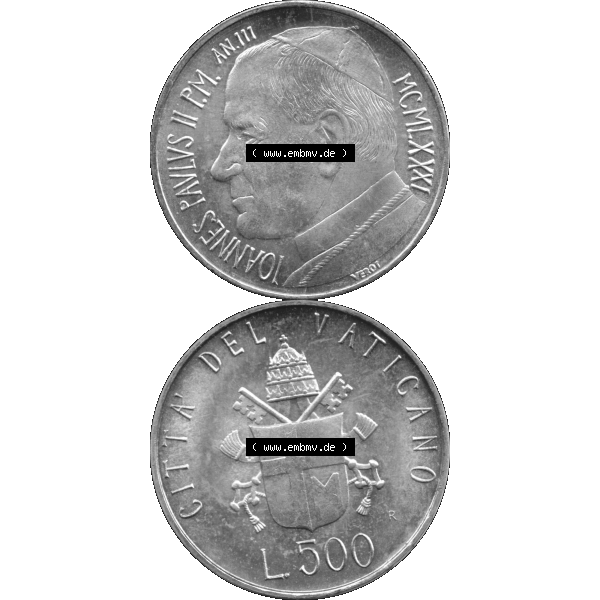 Grau bzw. s/w Alte Münze aus der Vatikanstadt / Vatikan als PNG-Grafik 1981-1981, 500 Lire Silbermünze Papst Johannes Paul II. 1981-01. Vorderseite und Rückseite vertikal auf einen... Sammlung Graustufen