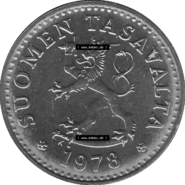 Grau bzw. s/w Alte Münzen KMS Finnland, Kursmünzensatz 1978 in Stempelglanz als digitales Computerbild einer finnischen digitalisierten Münze in transparenten PNG 1963-1982, 10 Penny,... Sammlung Graustufen