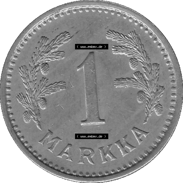 Grau bzw. s/w Alte Münzen KMS Finnland, Kursmünzensatz in PNG Design einer finnischen Münze 1928-1940, 1 finnische Mark, Markka 1932. Rückseite mit Wert-Zahl bzw.... Sammlung Graustufen