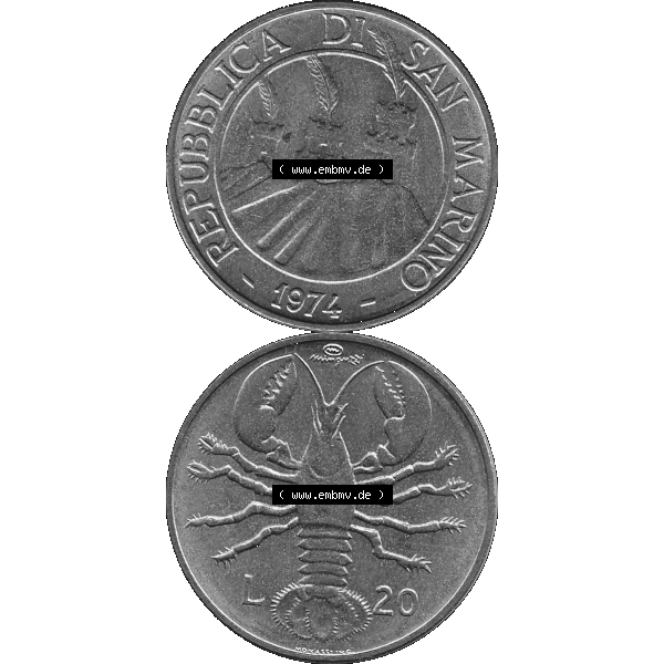 Grau bzw. s/w Bildmaterial Münzensatz / KMS 1974 aus San Marino Münze 1974-1974 als transparente PNG-Grafik, 20 Lire, L.20 MINGUZZI MONASSI INC.. Die digitalisierte Münze... Sammlung Graustufen