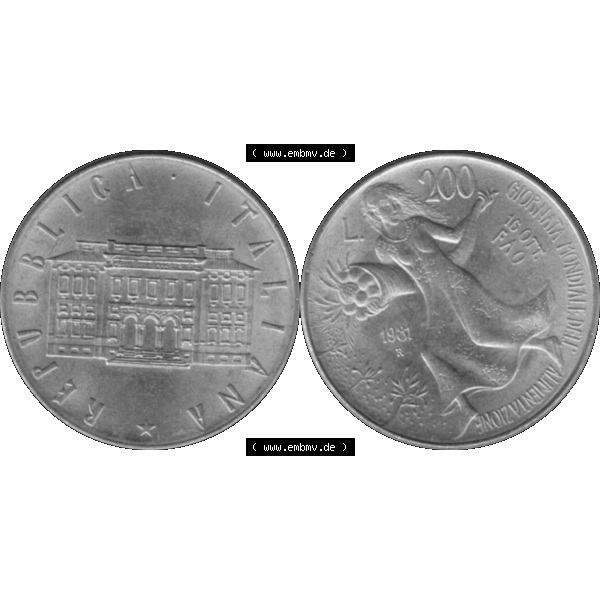 Grau bzw. s/w Bildmaterial einer Münze aus Italien / Italia als PNG-Grafik 1981-1981, 200 Lire FAO - Welternährungstag 1981-01. Vorderseite und Rückseite horizontal auf einen digitalen... Sammlung Graustufen