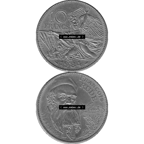 Grau bzw. s/w Münzen Frankreich Umlaufmünze 1984-1984, 10 Francs Francois Rude-01 1984-01. Vorderseite und Rückseite vertikal auf einen digitalen Bild der alten französischen Umlaufmünze... Sammlung Graustufen