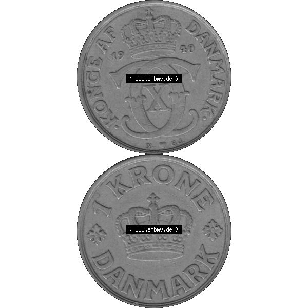 Grau bzw. s/w Alte Münze aus Dänemark als PNG-Grafik 1924-1941, 1 Krone 1940-01 Kursmünze. Vorderseite und Rückseite vertikal auf einen digitalen Bild der alten dänischen Umlaufmünze... Sammlung Graustufen