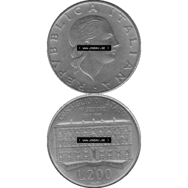 Grau bzw. s/w Bildmaterial einer Münze aus Italien / Italia als PNG-Grafik 1990-1990, 200 Lire Gründung von Staatsrat 1990-01. Vorderseite und Rückseite vertikal untereinander auf einen... Sammlung Graustufen