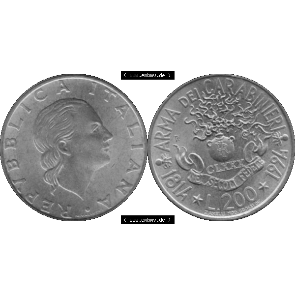 Grau bzw. s/w Bildmaterial einer Münze aus Italien / Italia als PNG-Grafik 1994-1994, 200 Lire 180 Jahre Carabinieri 1994-01. Vorderseite und Rückseite horizontal auf einen digitalen Bild... Sammlung Graustufen