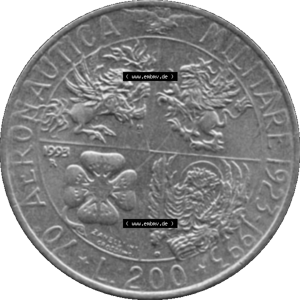 Grau bzw. s/w Bildmaterial einer Münze aus Italien / Italia als PNG-Grafik 1993-1993, 200 Lire Militärischen Luftfahrt 1993-01. Rückseite einer alten italienischen 200 Lire Gedenkmünze,... Sammlung Graustufen