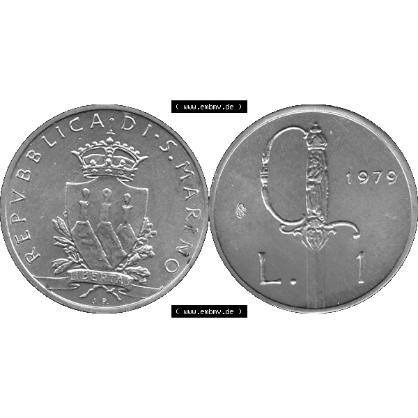 Grau bzw. s/w Bildmaterial Münzensatz / KMS 1979 aus San Marino in Graustufen 1979-1979, 1 Lira, 1 Lire, J. V. LIBERTAS REPVBBLICA DI S. MARINO, 1979 L.1... Sammlung Graustufen