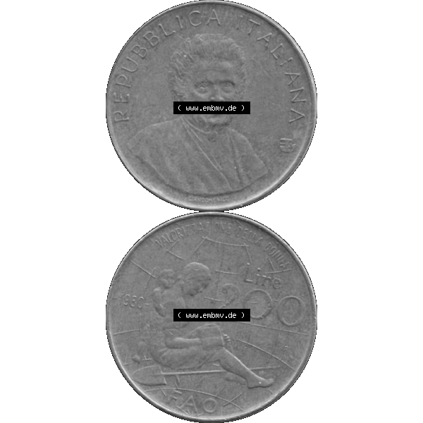 Grau bzw. s/w Bildmaterial einer Münze aus Italien / Italia als PNG-Grafik 1980-1980, 200 Lire FAO - Internationales Jahr der Frau 1980-01. Vorderseite und Rückseite vertikal untereinander... Sammlung Graustufen
