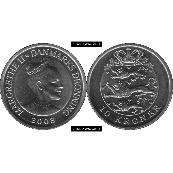 Grau bzw. s/w Münze aus Dänemark als PNG-Grafik 2004-2010, 10 Kronen 2008-01. Vorderseite und Rückseite horizontal auf einen digitalen Bild der dänischen Umlaufmünze aus Dänemark... Sammlung Graustufen