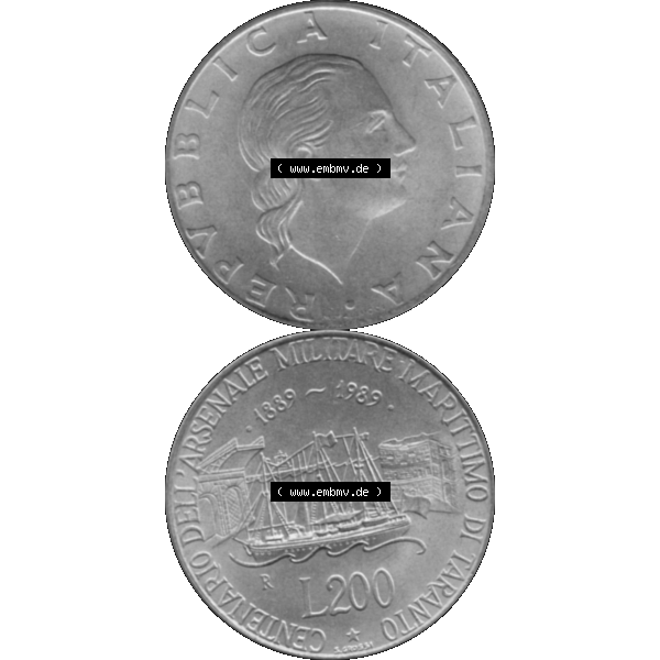 Grau bzw. s/w Bildmaterial einer Münze aus Italien / Italia als PNG-Grafik 1989-1989, 200 Lire Marinebasis Tarent 1989-01. Vorderseite und Rückseite vertikal untereinander auf einen digitalen... Sammlung Graustufen