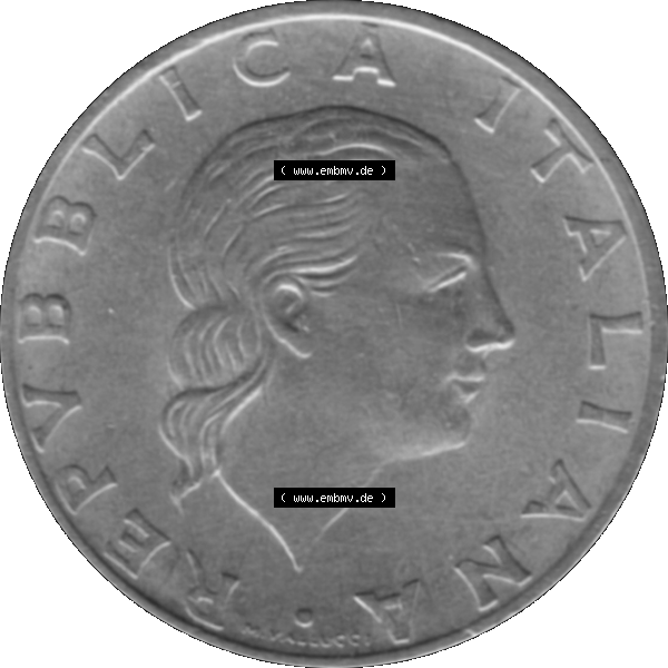 Grau bzw. s/w Bildmaterial einer Münze aus Italien / Italia als PNG-Grafik 1977-2001, 200 Lire, Zahnrad 1988-01. Vorderseite einer alten italienischen 200 Lire Gedenkmünze, Münze... Sammlung Graustufen