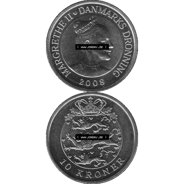 Grau bzw. s/w Münze aus Dänemark als PNG-Grafik 2004-2010, 10 Kronen 2008-01. Vorderseite und Rückseite vertikal auf einen digitalen Bild der dänischen Umlaufmünze aus Dänemark... Sammlung Graustufen