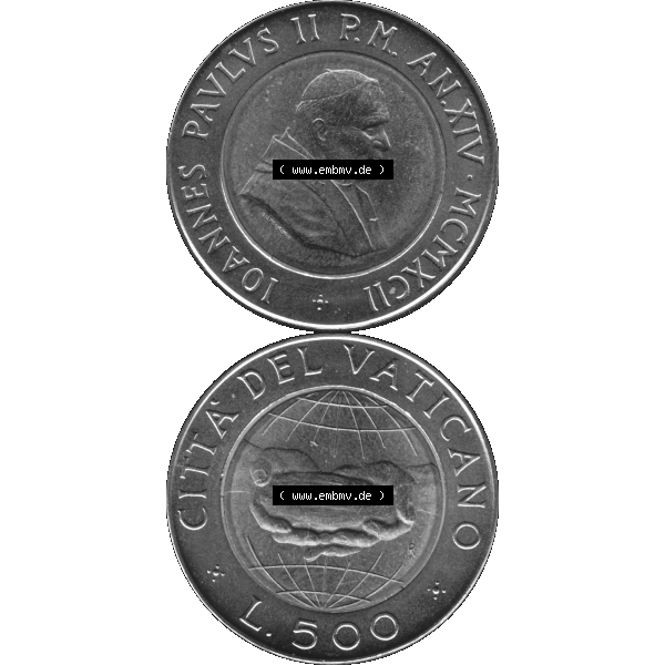Grau bzw. s/w Alte Münze aus der Vatikanstadt / Vatikan als PNG-Grafik 1992-1992, 500 Lire Papst Giovanni Paolo II. 1992-01. Vorderseite und Rückseite vertikal auf einen digitalen Bild... Sammlung Graustufen