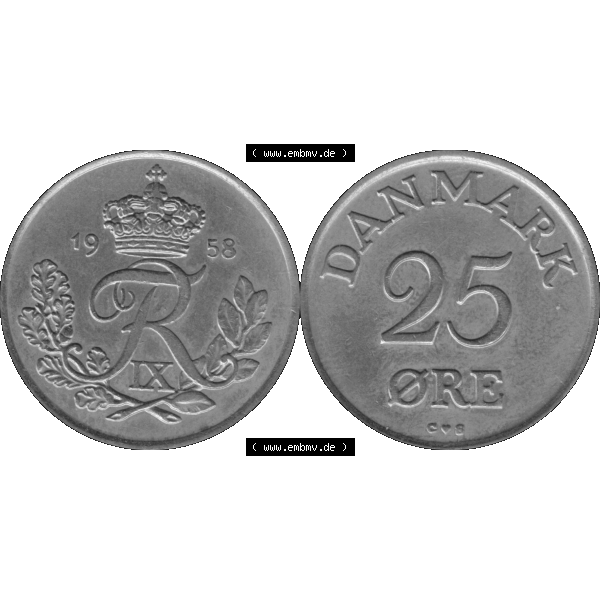 Grau bzw. s/w Alte Münze aus Dänemark als PNG-Grafik 1948-1960, 25 Öre 1958-01. Vorderseite und Rückseite horizontal auf einen digitalen Bild der alten dänischen Umlaufmünze... Sammlung Graustufen