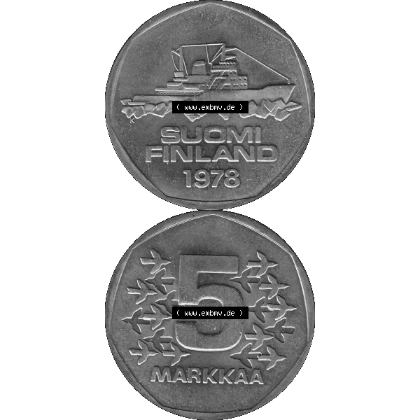 Grau bzw. s/w Alte Münzen KMS Finnland, Kursmünzensatz 1978 in Stempelglanz als digitales Computerbild einer finnischen digitalisierten Münze in transparenten PNG 1972-1978, 5 finnische Mark,... Sammlung Graustufen