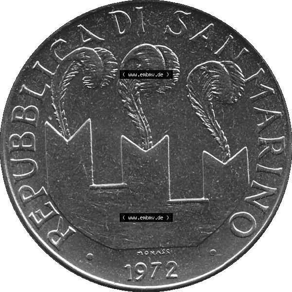 Grau bzw. s/w Bildmaterial in PNG-Grafiken Münzensatz / KMS 1972 aus San Marino 1972-1972, Münze 100 Lire von 1972, 100 LIRE MONASSI REPUBBLICA DI SAN MARINO. Vorderseite als PNG-Grafik... Sammlung Graustufen