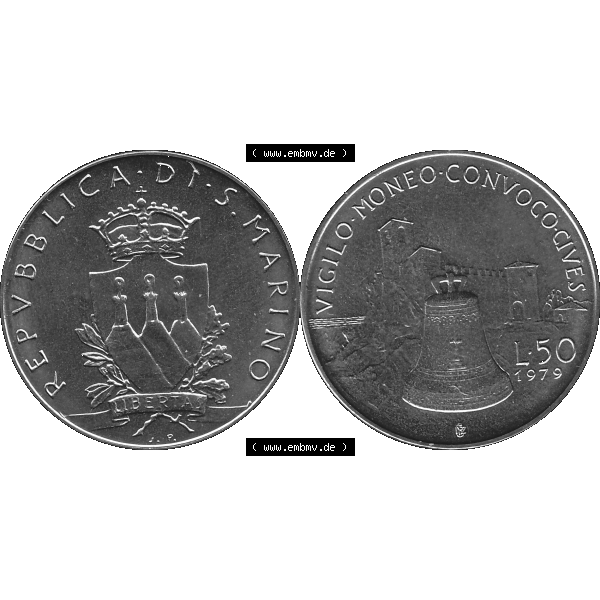 Grau bzw. s/w Bildmaterial Münzensatz / KMS 1979 aus San Marino im PNG-Format 1979-1979, 50 Lire, J.P. LIBERTAS REPVBBLICA DI S. MARINO, L.50 VIGILO MONEO CONVOCO... Sammlung Graustufen