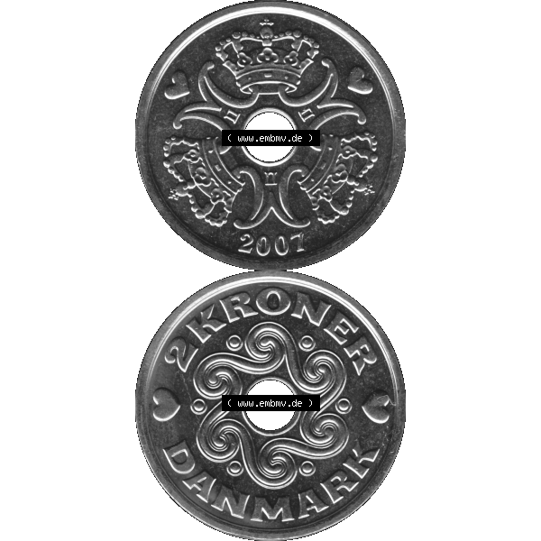 Grau bzw. s/w Münze aus Dänemark als PNG-Grafik 1992-2023, 2 Kronen 2007-01. Vorderseite und Rückseite vertikal auf einen digitalen Bild der dänischen Umlaufmünze aus Dänemark... Sammlung Graustufen