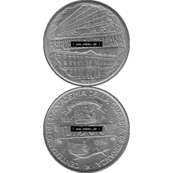Grau bzw. s/w Bildmaterial einer Münze aus Italien / Italia als PNG-Grafik 1996-1996, 200 Lire Zollakademie 1996-01. Vorderseite und Rückseite vertikal untereinander auf einen digitalen Bild... Sammlung Graustufen