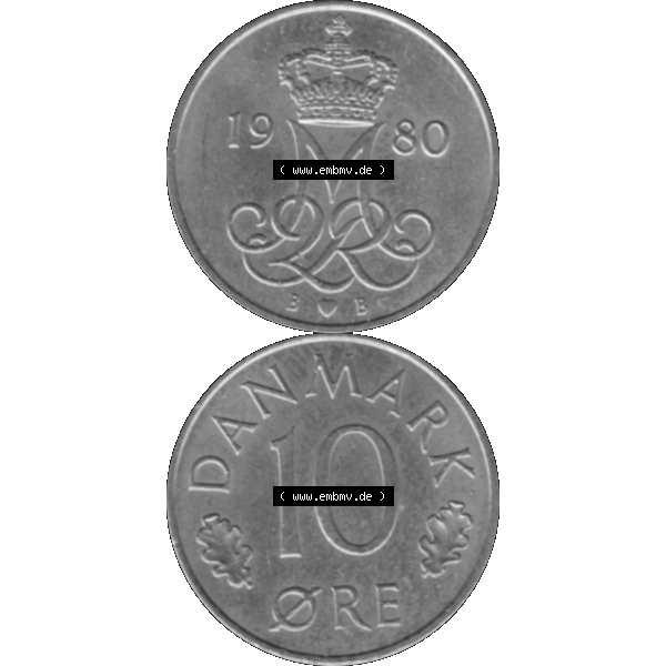 Grau bzw. s/w Alte Münze aus Dänemark als PNG-Grafik 1973-1988, 10 Öre 1980-01. Vorderseite und Rückseite vertikal auf einen digitalen Bild der alten dänischen Umlaufmünze... Sammlung Graustufen