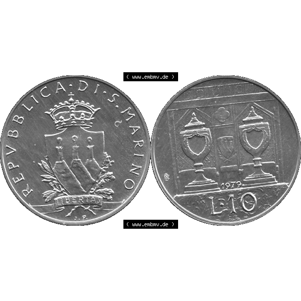 Grau bzw. s/w Bildmaterial Münzensatz / KMS 1979 aus San Marino im PNG-Format 1979-1979, 10 Lire, J. V. LIBERTAS REPVBBLICA DI S. MARINO, 1979 L.10. Vorderseite... Sammlung Graustufen