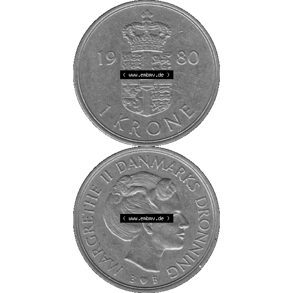 Grau bzw. s/w Alte Münze aus Dänemark als PNG-Grafik 1979-1981, 1 Krone 1980 Kursmünze-01. Vorderseite und Rückseite vertikal auf einen digitalen Bild der alten dänischen Umlaufmünze... Sammlung Graustufen