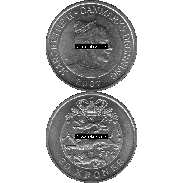 Grau bzw. s/w Münze aus Dänemark als PNG-Grafik 2003-2010, 20 Kronen 2007-01. Vorderseite und Rückseite vertikal auf einen digitalen Bild der dänischen Umlaufmünze aus Dänemark... Sammlung Graustufen