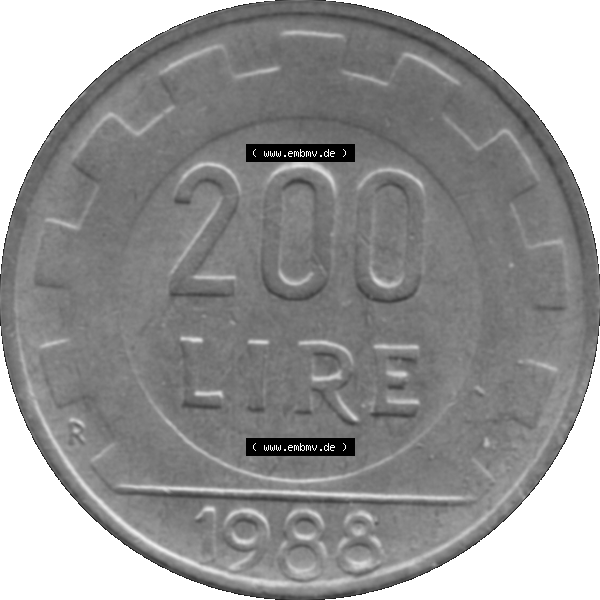 Grau bzw. s/w Bildmaterial einer Münze aus Italien / Italia als PNG-Grafik 1977-2001, 200 Lire, Zahnrad 1988-01. Rückseite einer alten italienischen 200 Lire Gedenkmünze,... Sammlung Graustufen