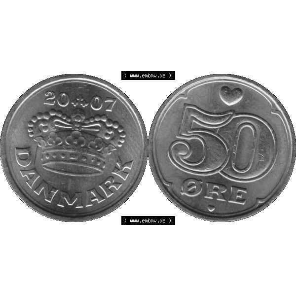 Grau bzw. s/w Münze aus Dänemark als PNG-Grafik 1989-2023, 50 Öre 2007-01. Vorderseite und Rückseite horizontal auf einen digitalen Bild der dänischen Umlaufmünze aus Dänemark... Sammlung Graustufen