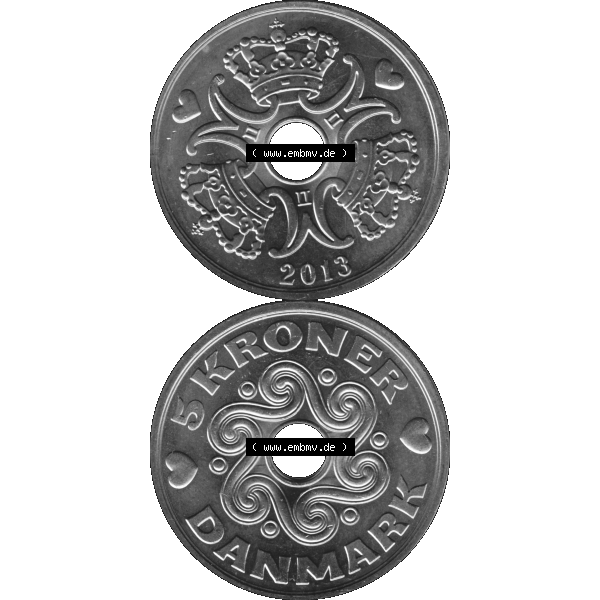 Grau bzw. s/w Münze aus Dänemark als PNG-Grafik 1990-2023, 5 Kronen 2013-01. Vorderseite und Rückseite vertikal auf einen digitalen Bild der dänischen Umlaufmünze aus Dänemark... Sammlung Graustufen
