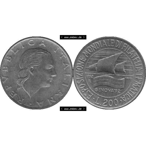 Grau bzw. s/w Bildmaterial einer Münze aus Italien / Italia als PNG-Grafik 1992-1992, 200 Lire Briefmarkenausstellung in Genua 1992-01. Vorderseite und Rückseite horizontal auf einen digitalen... Sammlung Graustufen