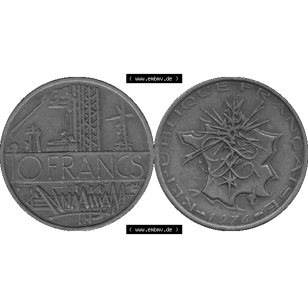 Grau bzw. s/w Münzen Frankreich Umlaufmünze 1974-1987, 10 Franken-Francs 1976-01. Vorderseite und Rückseite horizontal auf einen digitalen Bild der alten französischen Umlaufmünze... Sammlung Graustufen