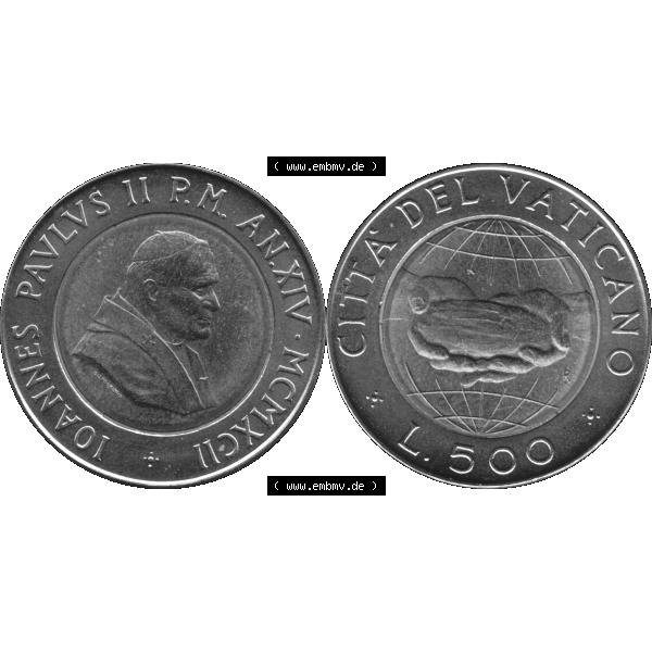 Grau bzw. s/w Alte Münze aus der Vatikanstadt / Vatikan als PNG-Grafik 1992-1992, 500 Lire Papst Giovanni Paolo II. 1992-01. Vorderseite und Rückseite horizontal auf einen digitalen... Sammlung Graustufen