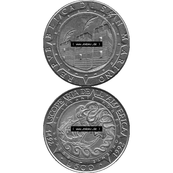 Grau bzw. s/w Gedenkmünzen aus San Marino, in PNG 1992-1992, 500 Lire Columbus 1992-01. Vorderseite und Rückseite vertikal auf einen digitalen Bild der alten Gedenkmünze aus San Marino... Sammlung Graustufen