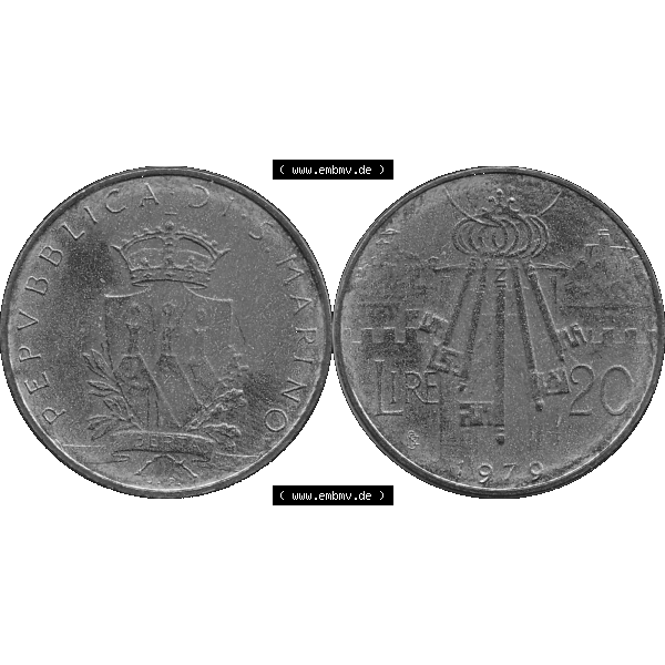 Grau bzw. s/w Bildmaterial Münzensatz / KMS 1979 aus San Marino in Graustufen 1979-1979, 20 Lire, J. V. LIBERTAS REPVBBLICA DI S. MARINO, 1979 20 LIRE Graustufen.... Sammlung Graustufen