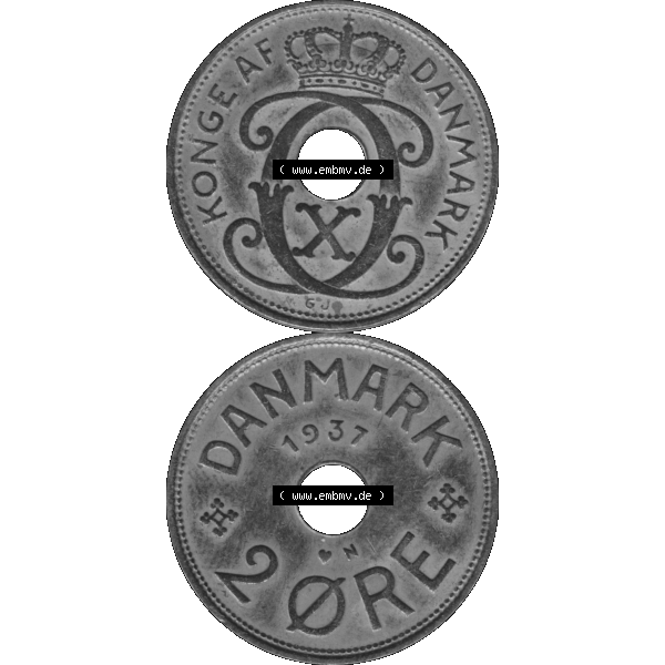 Grau bzw. s/w Alte Münze aus Dänemark als PNG-Grafik 1926-1940, 2 Öre 1937-01 Kursmünze. Vorderseite und Rückseite vertikal auf einen digitalen Bild der alten dänischen Umlaufmünze... Sammlung Graustufen
