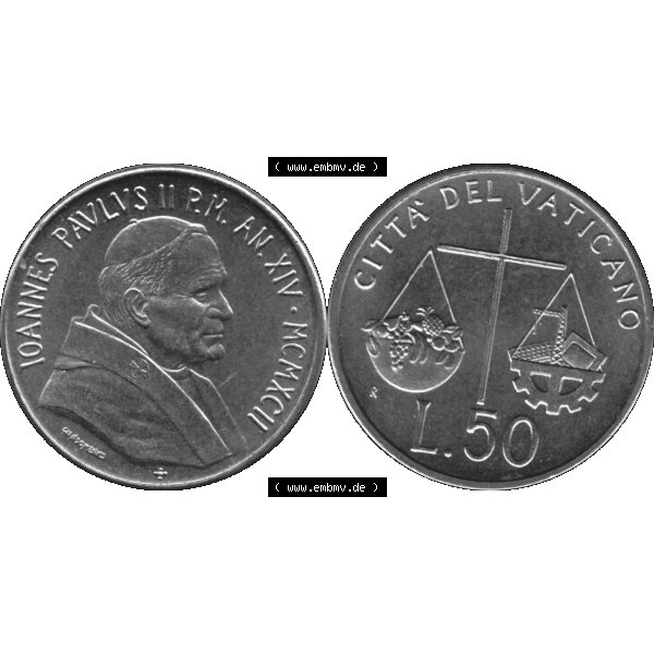 Grau bzw. s/w Alte Münze aus der Vatikanstadt / Vatikan als PNG-Grafik 1992-1992, 50 Lire Papst Giovanni Paolo II. 1992-01. Vorderseite und Rückseite horizontal auf einen digitalen... Sammlung Graustufen