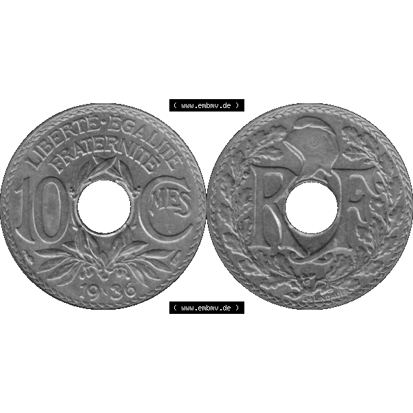 Grau bzw. s/w Münzen Frankreich Umlaufmünze in PNG einer Münze aus Frankreich 1917-1938, 10 Centimes, Cent 1936-01. Vorderseite und Rückseite horizontal auf einen digitalen Bild... Sammlung Graustufen