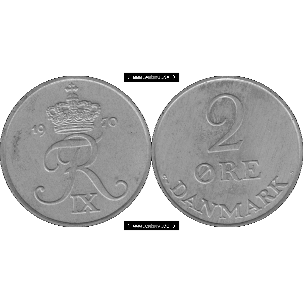 Grau bzw. s/w Alte Münze aus Dänemark als PNG-Grafik 1948-1972, 2 Öre 1970-01. Vorderseite und Rückseite horizontal auf einen digitalen Bild der alten dänischen Umlaufmünze... Sammlung Graustufen