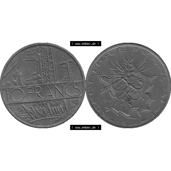Grau bzw. s/w Münzen Frankreich Umlaufmünze 1974-1987, 10 Franken-Francs 1984-01. Vorderseite und Rückseite horizontal auf einen digitalen Bild der alten französischen Umlaufmünze... Sammlung Graustufen