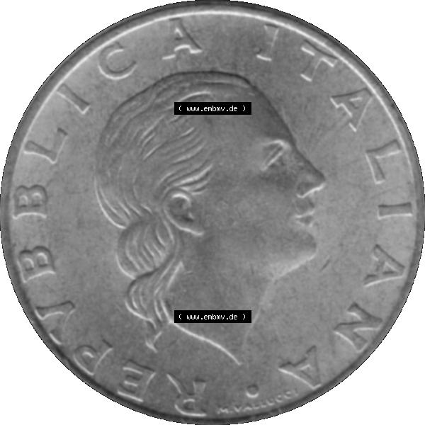 Grau bzw. s/w Bildmaterial einer Münze aus Italien / Italia als PNG-Grafik 1994-1994, 200 Lire 180 Jahre Carabinieri 1994-01. Vorderseite einer alten italienischen 200 Lire Gedenkmünze,... Sammlung Graustufen