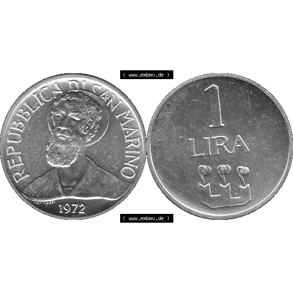 Grau bzw. s/w Bildmaterial in PNG-Grafiken Münzensatz / KMS 1972 aus San Marino 1972-1972, Münze 1 Lira, Lire 1972, 1 LIRA MONASSI REPUBBLICA DI SAN MARINO. Die digitalisierte... Sammlung Graustufen
