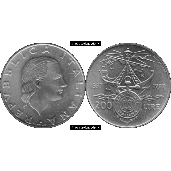 Grau bzw. s/w Bildmaterial einer Münze aus Italien / Italia als PNG-Grafik 1997-1997, 200 Lire Italienische Meeresliga 1997-01. Vorderseite und Rückseite horizontal auf einen digitalen Bild... Sammlung Graustufen